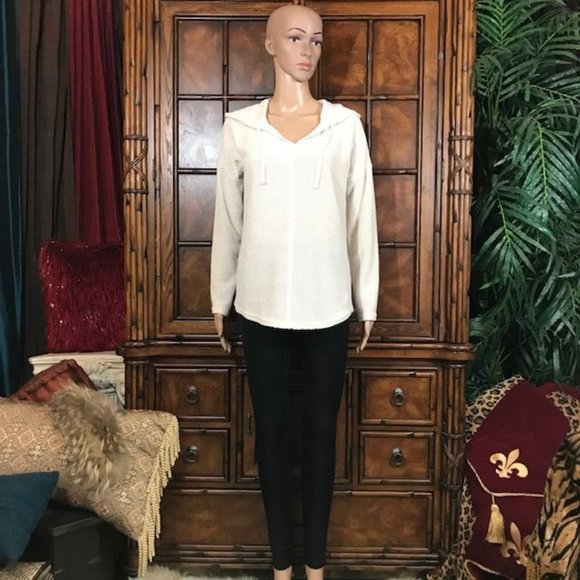 NWOT Tribal Ivory Chenille Drawstring Grommet Curved Hem Sweater Hoodie - Picture 6 of 16